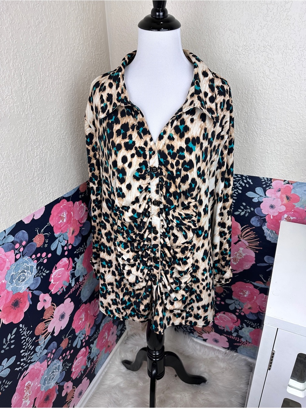 Marc Bouwer Leopard Print Turquoise Ruched Button Down Blouse Size 3X